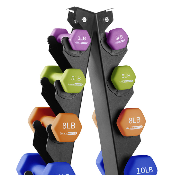 HolaHatha 3, 5, 8, 10, 12 & 15 Pound Neoprene Hex Dumbbell Weight & Storage Rack