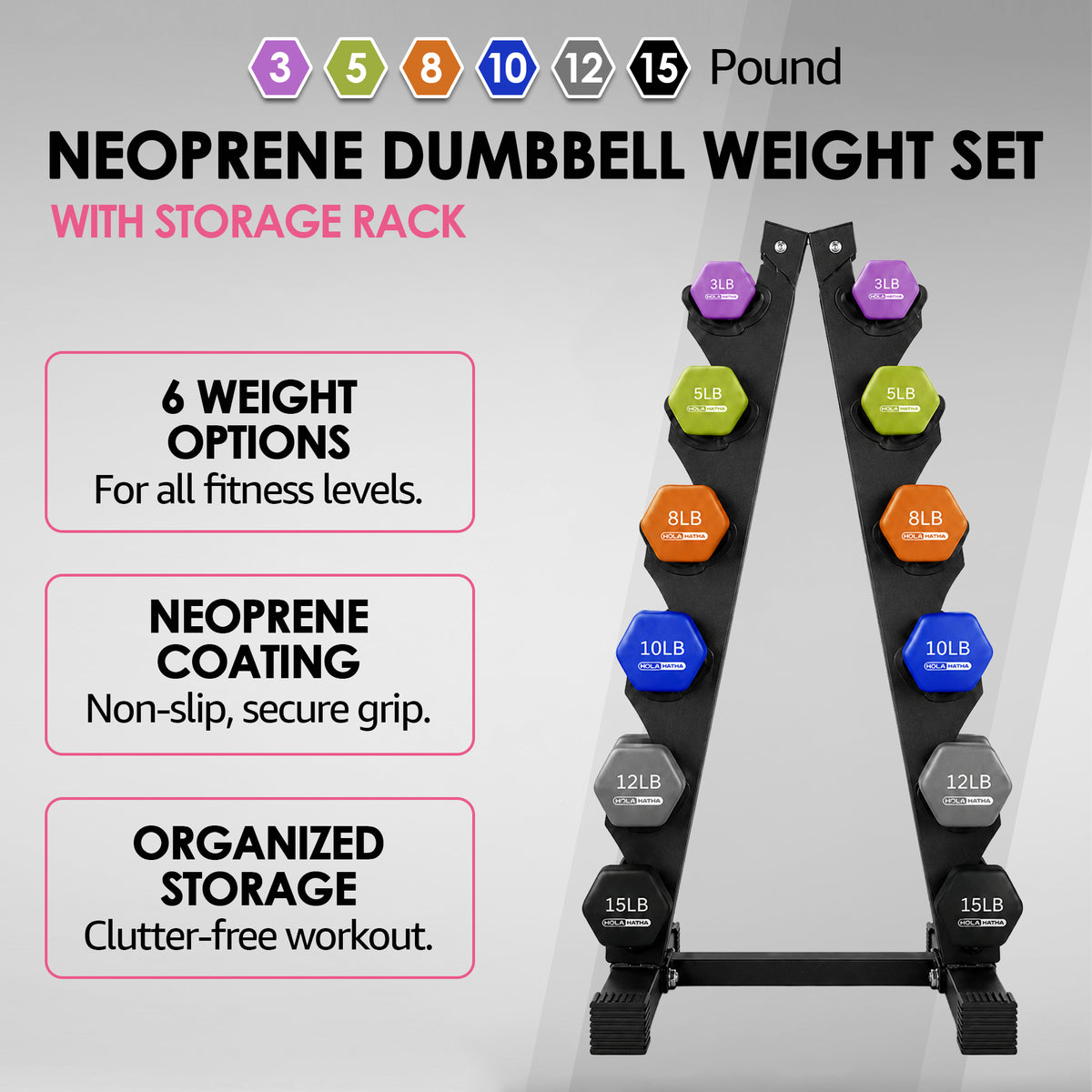 HolaHatha 3, 5, 8, 10, 12 & 15 Pound Neoprene Hex Dumbbell Weight & Storage Rack