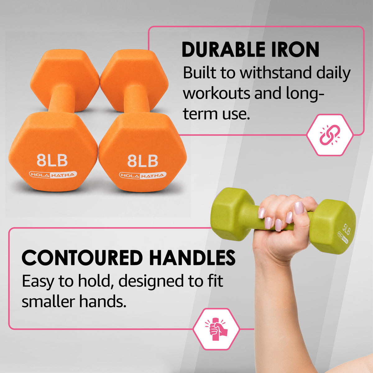 HolaHatha 3, 5, 8, 10, 12 & 15 Pound Neoprene Hex Dumbbell Weight & Storage Rack