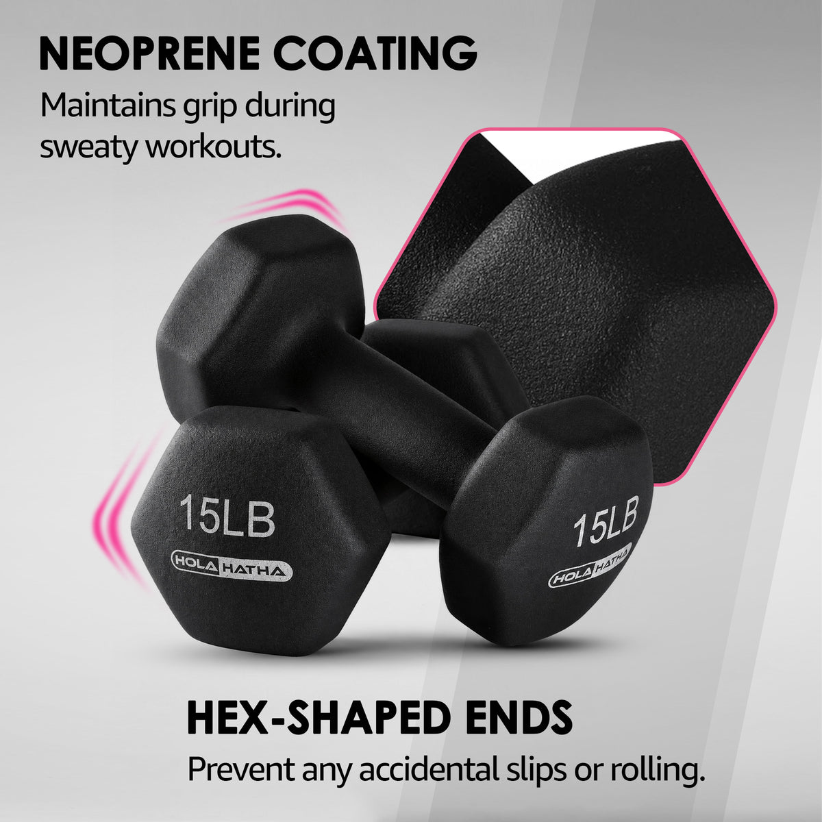 HolaHatha 3, 5, 8, 10, 12 & 15 Pound Neoprene Hex Dumbbell Weight & Storage Rack