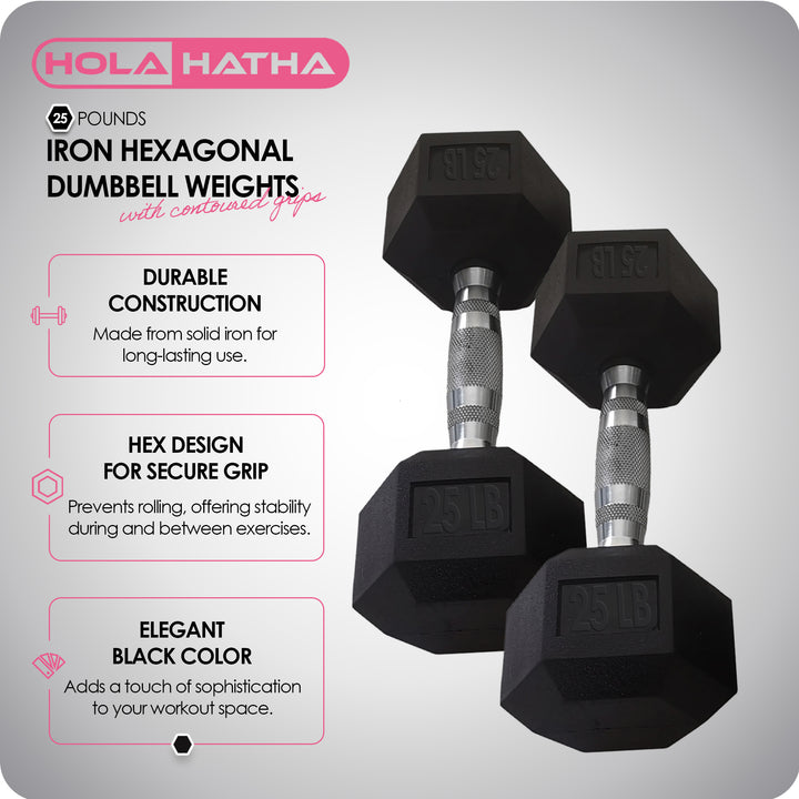 HolaHatha Iron Hexagonal Cast Exercise 25lb Dumbbells w/Contoured Grips (Used)