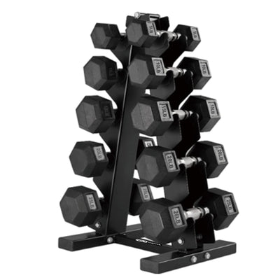 HolaHatha 5, 10, 15, 20 & 25 LBS Hex Dumbbell Weight Set w/Rack, Black (Used) - VMInnovations