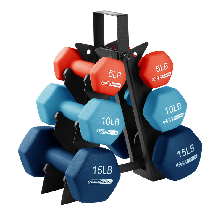 HolaHatha 5, 10, and 15 Pound Neoprene Dumbbell Set w/ Storage Rack (For Parts)