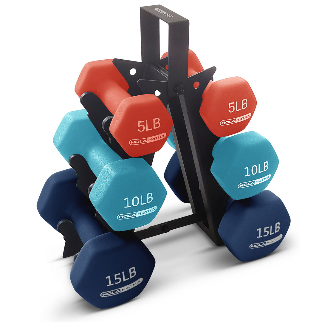 HolaHatha 5, 10, and 15 Pound Neoprene Dumbbell Set w/ Storage Rack (For Parts)