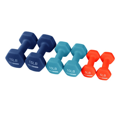 HolaHatha 5, 10, and 15 Pound Neoprene Dumbbell Weight Set with Storage Rack