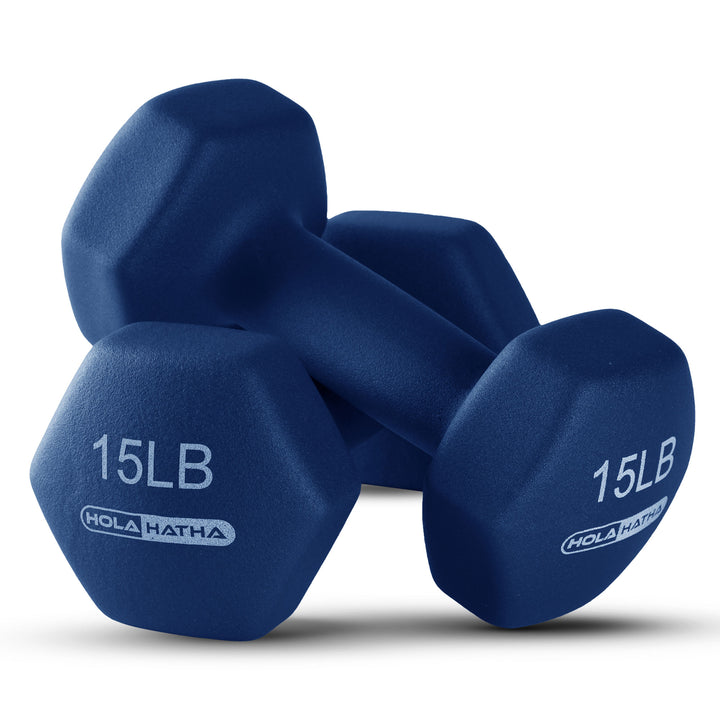 HolaHatha 5, 10, and 15 Pound Neoprene Dumbbell Weight Set with Storage Rack