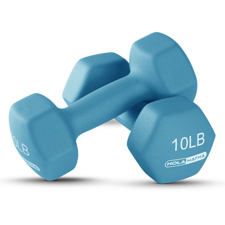 HolaHatha 5, 10, and 15 Pound Neoprene Dumbbell Weight Set with Storage Rack