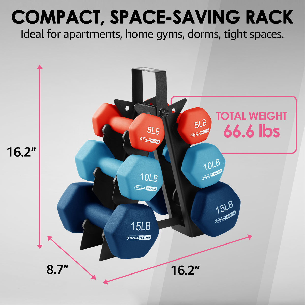 HolaHatha 5, 10, and 15 Pound Neoprene Dumbbell Weight Set with Storage Rack