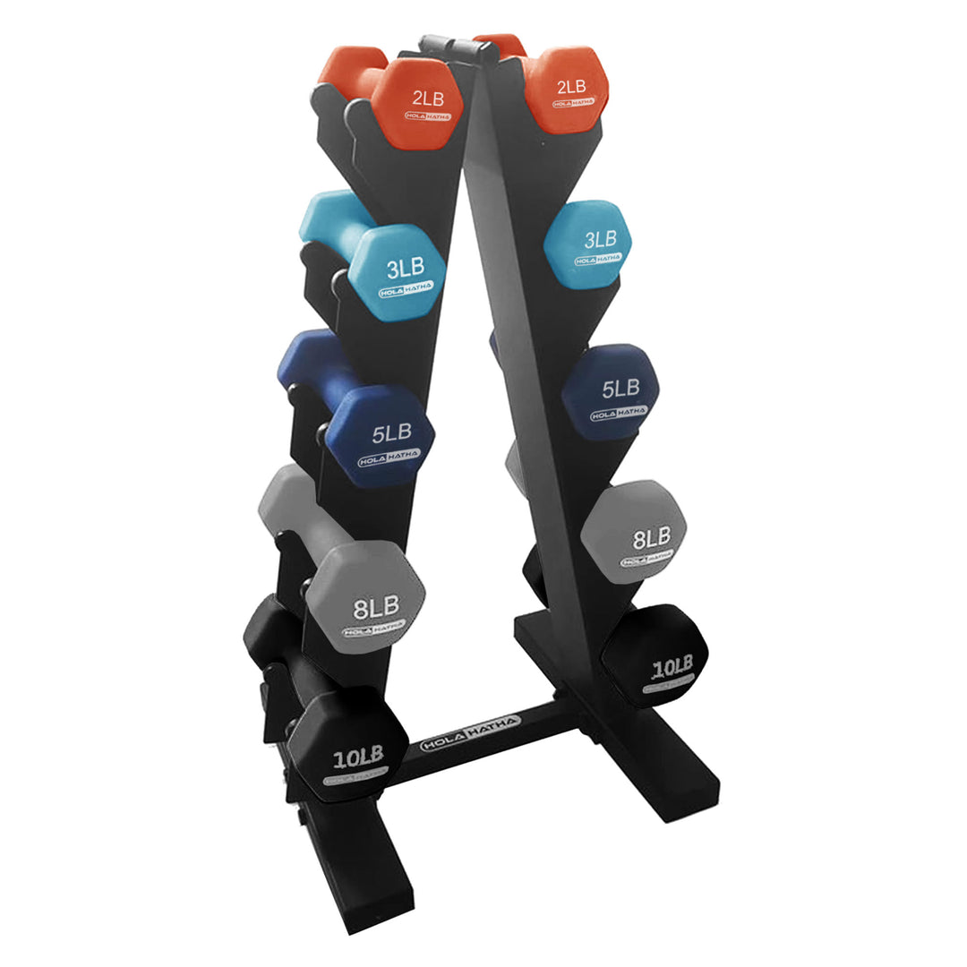 HolaHatha 2, 3, 5, 8 & 10lb Neoprene Dumbbell Set w/Storage Rack (For Parts)