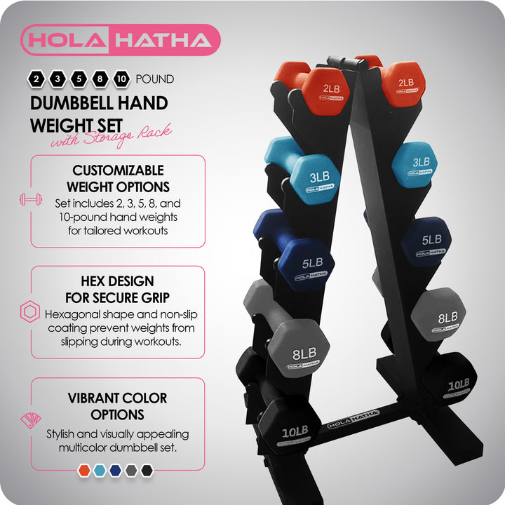 HolaHatha 2, 3, 5, 8 & 10 Pound Neoprene Dumbbell Weight Set with Storage Rack