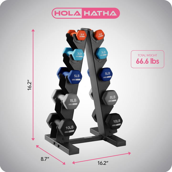 HolaHatha 2, 3, 5, 8 & 10 Pound Neoprene Dumbbell Weight Set with Storage Rack