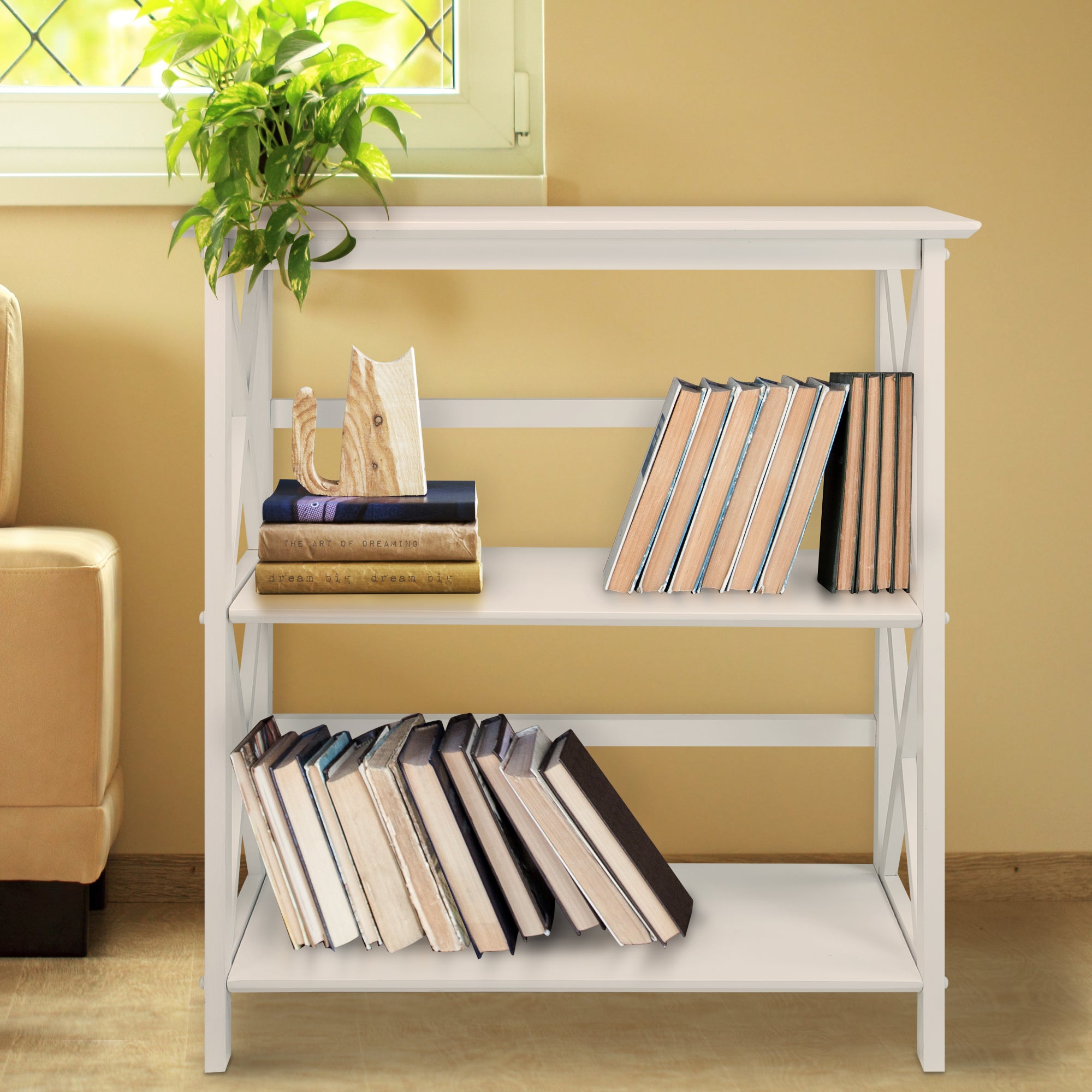 Casual Home Montego 3 Tier Open Shelf X Design Wooden Bookcase, Wood (White) (Refurbished)