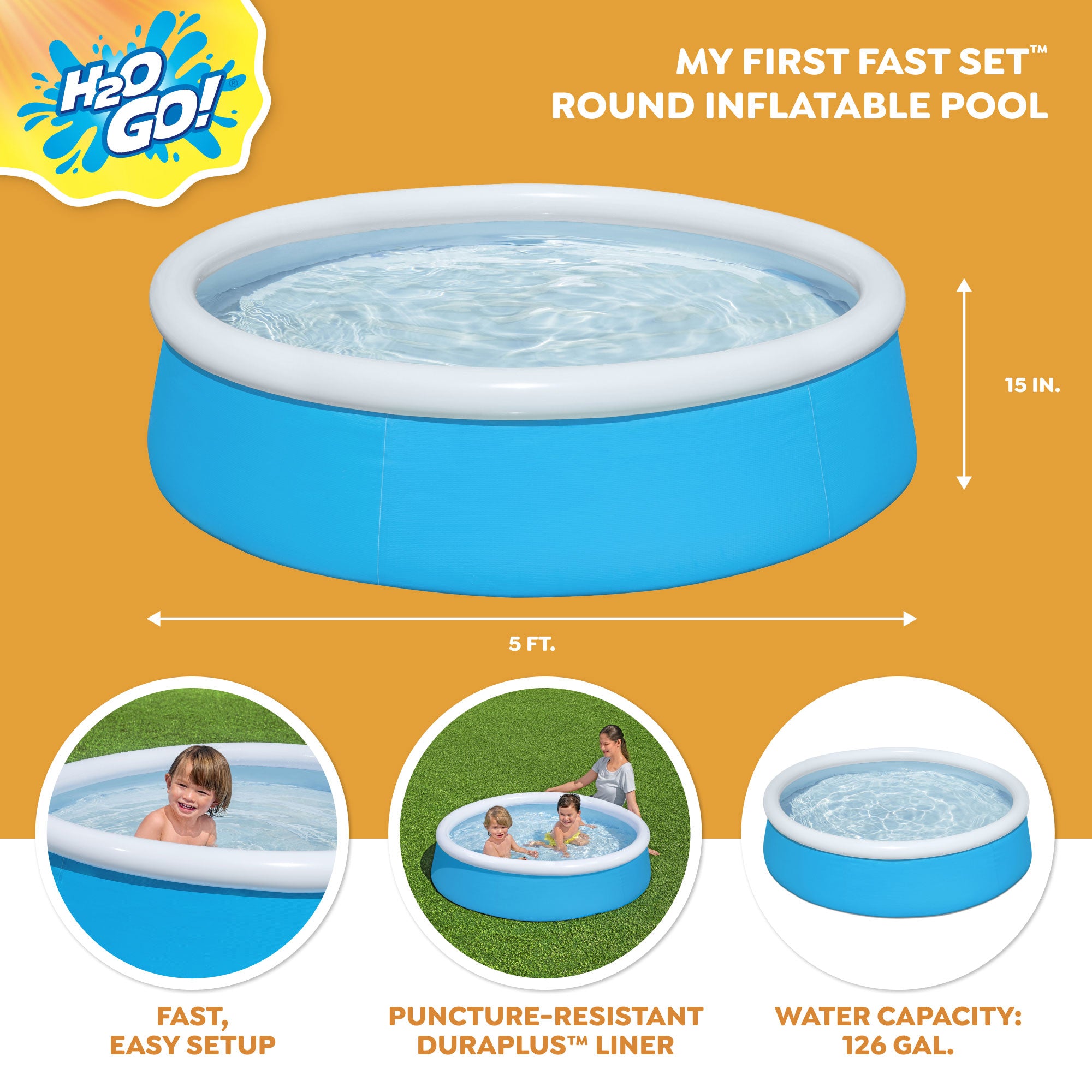 H2OGO! 5' x 15" Fast Set Inflatable Top Ring Kiddie Swimming Pool, Blue (Used) - VMInnovations
