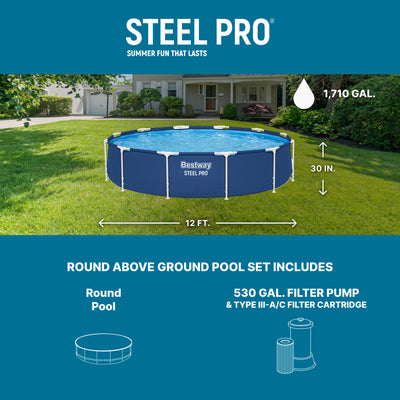 Bestway Steel Pro 12' x 30" Round Above Ground Pool Set w/ DuraPlus Liner(Used)