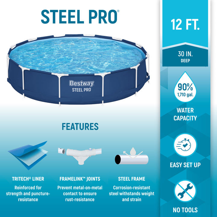 Bestway Steel Pro 12'x30" Round AboveGround Pool Set w/DuraPlus Liner(For Parts) - VMInnovations