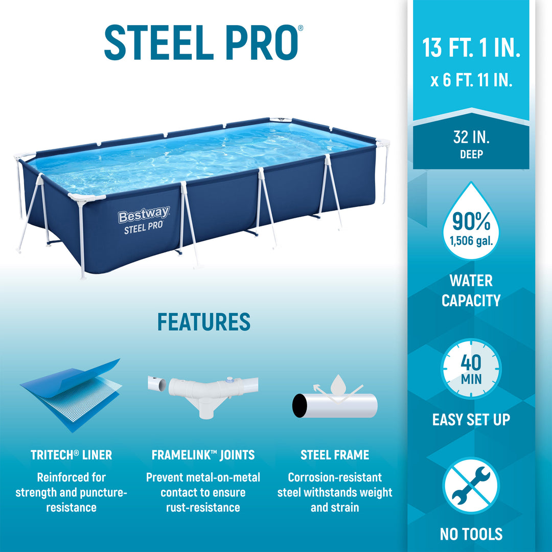 Bestway Steel Pro 13 Foot x 32 Inch Rectangular Above Ground Swimming Pool, Blue