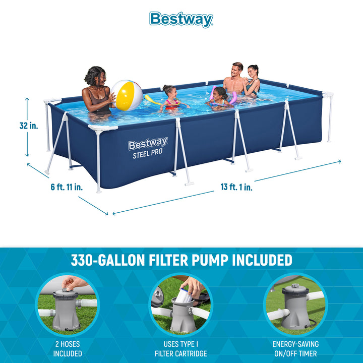 Bestway Steel Pro 13 Foot x 32 Inch Rectangular Above Ground Swimming Pool, Blue