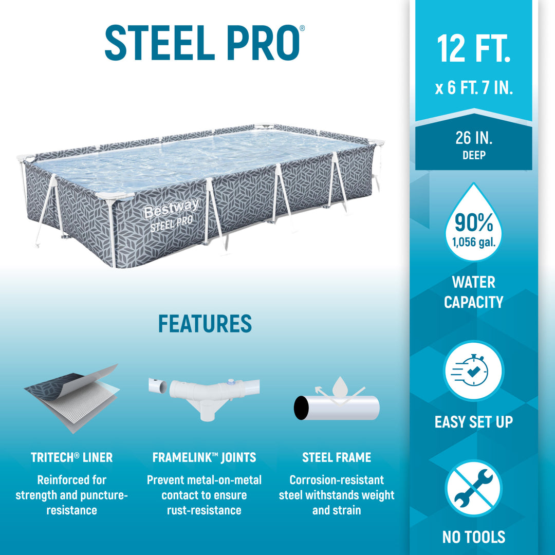 Bestway Steel Pro 12' x 6'7" x 26" Rectangle Above Ground Outdoor Swimming Pool