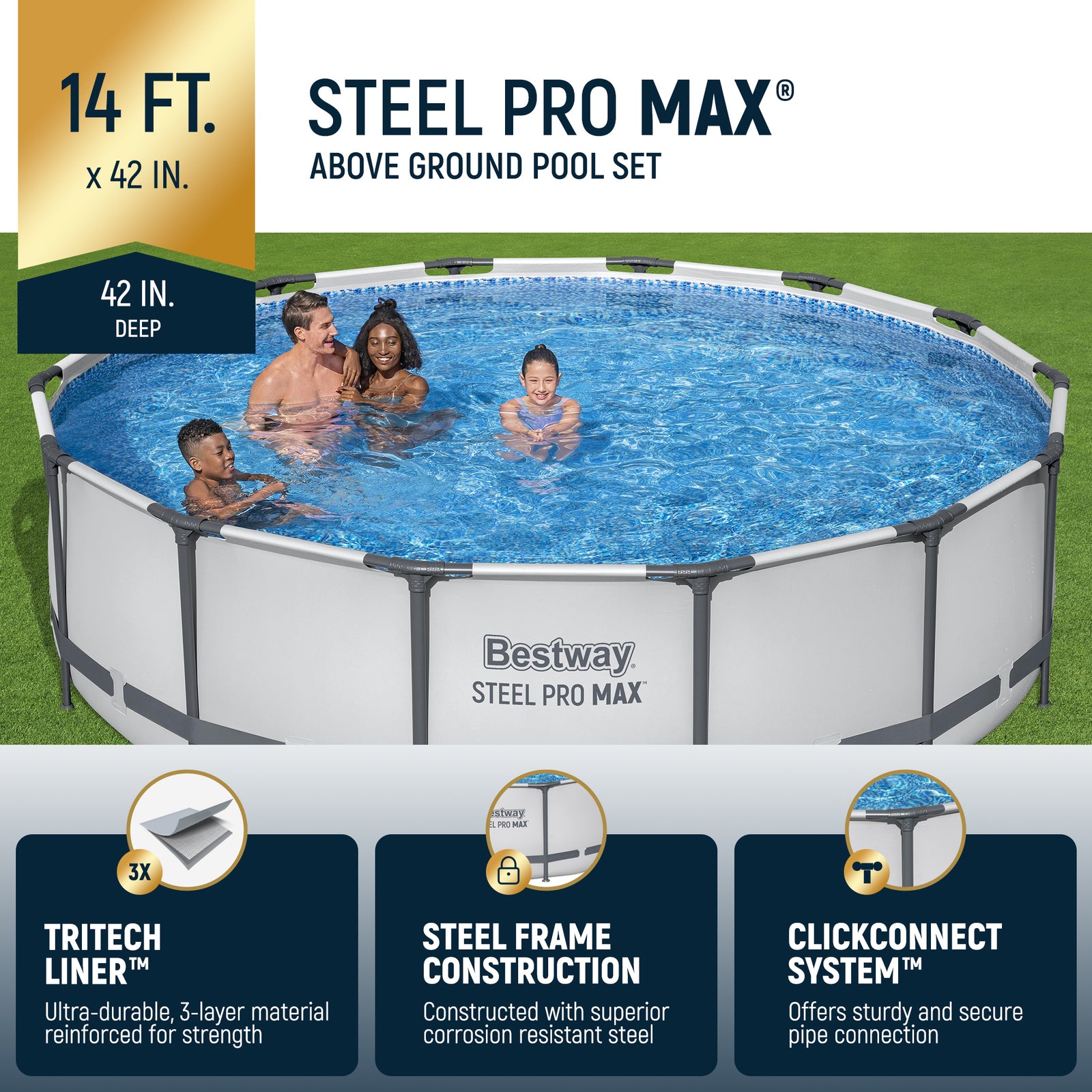 Bestway Steel Pro MAX 14' x 42" Above Ground Outdoor Swimming Pool, Gray (Used) - VMInnovations