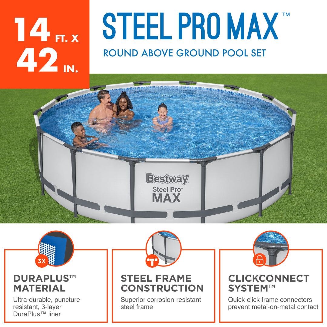 Bestway Steel Pro MAX 14' x 42" Above Ground Outdoor Swimming Pool Set, Gray