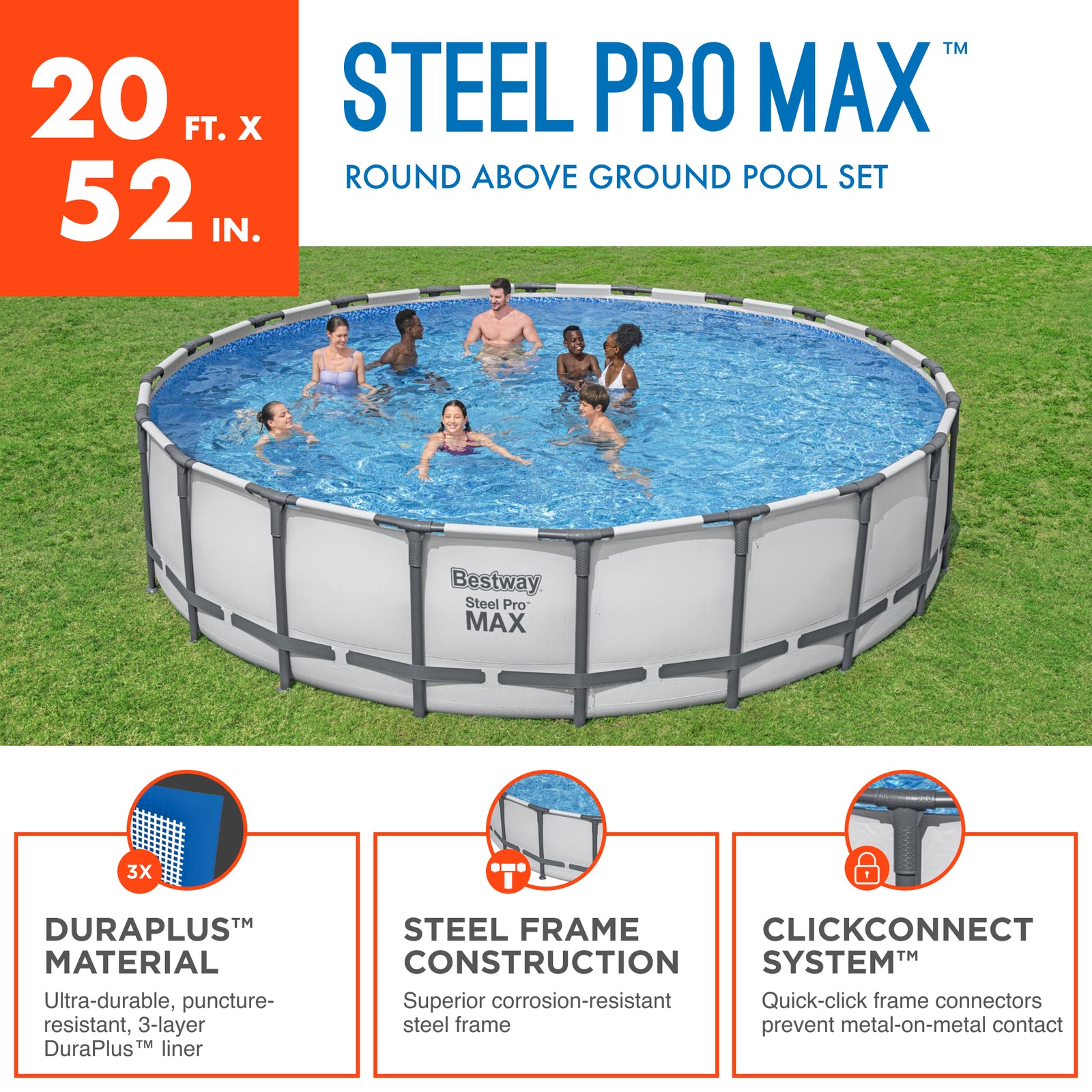 Bestway Steel Pro MAX 20 Foot by 52 Inch Above Ground Swimming Pool Set, Gray - VMInnovations