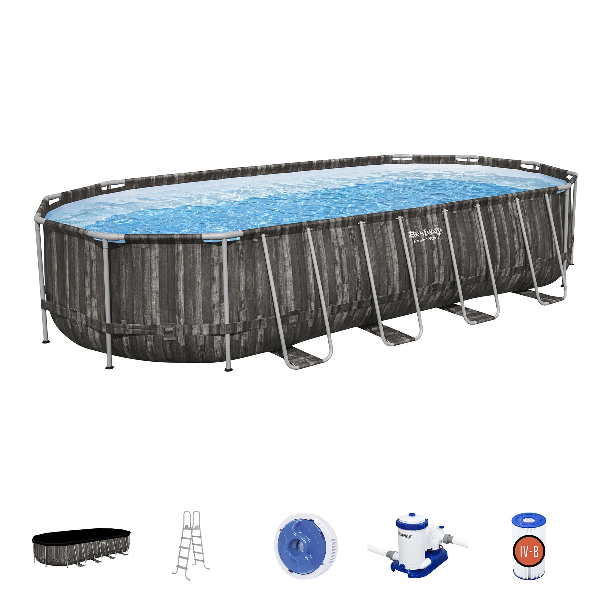Bestway Power Steel 24’ x 12’ x 52” Oval Outdoor Swimming Pool Set (Open Box) - VMInnovations