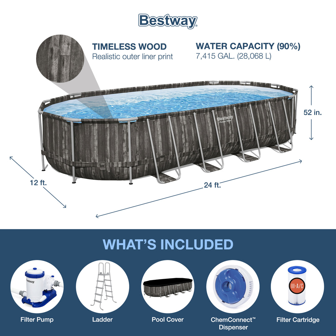 Bestway Power Steel 24’ x 12’ x 52” Oval Above Ground Outdoor Swimming Pool Set
