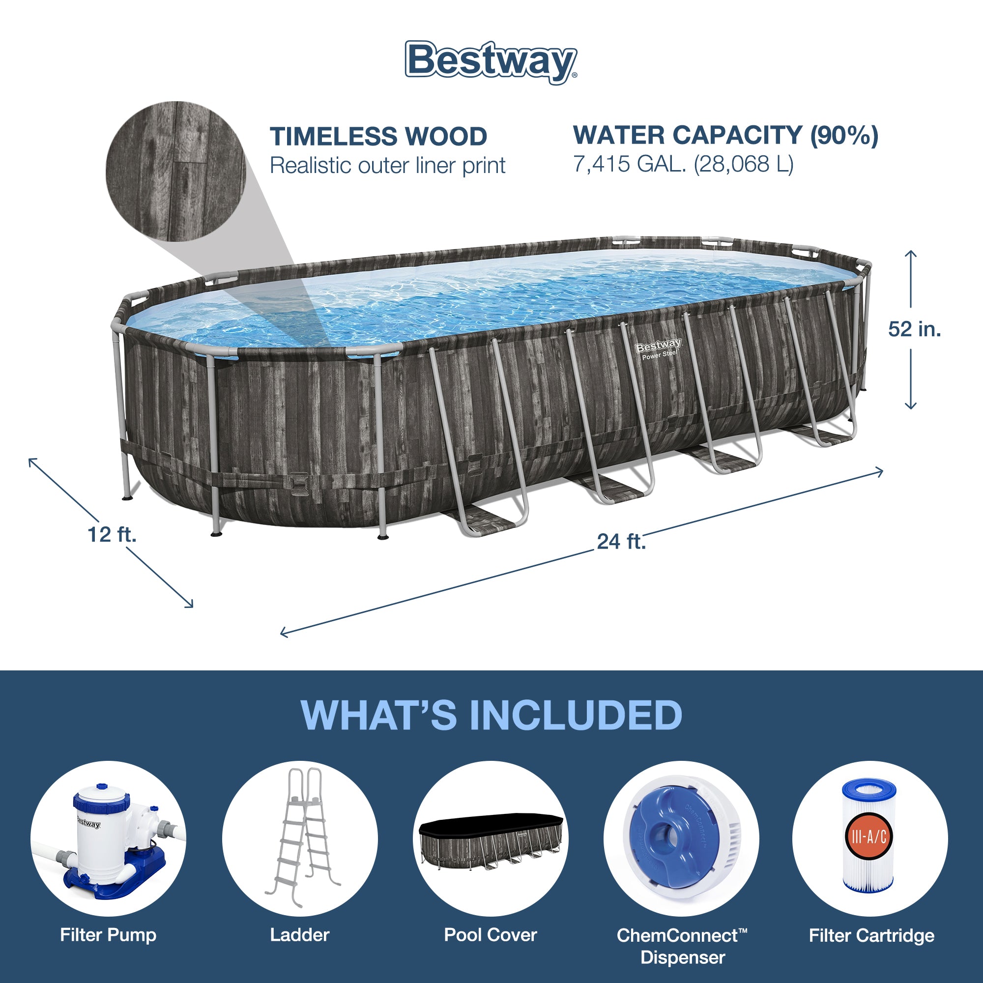Bestway Power Steel 24’ x 12’ x 52” Oval Outdoor Swimming Pool Set (Open Box) - VMInnovations