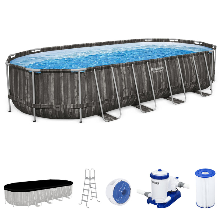 Bestway Power Steel 24’ x 12’ x 52” Oval Above Ground Outdoor Swimming Pool Set