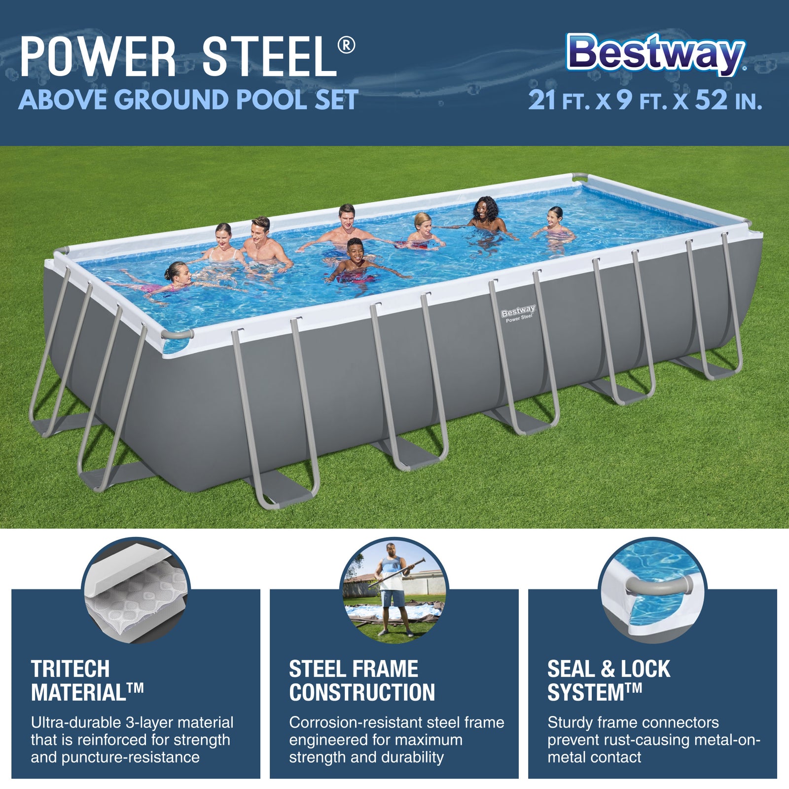 Bestway Power Steel 21' x 9' x 52" Rectangular Above Ground Swimming Pool Set - VMInnovations