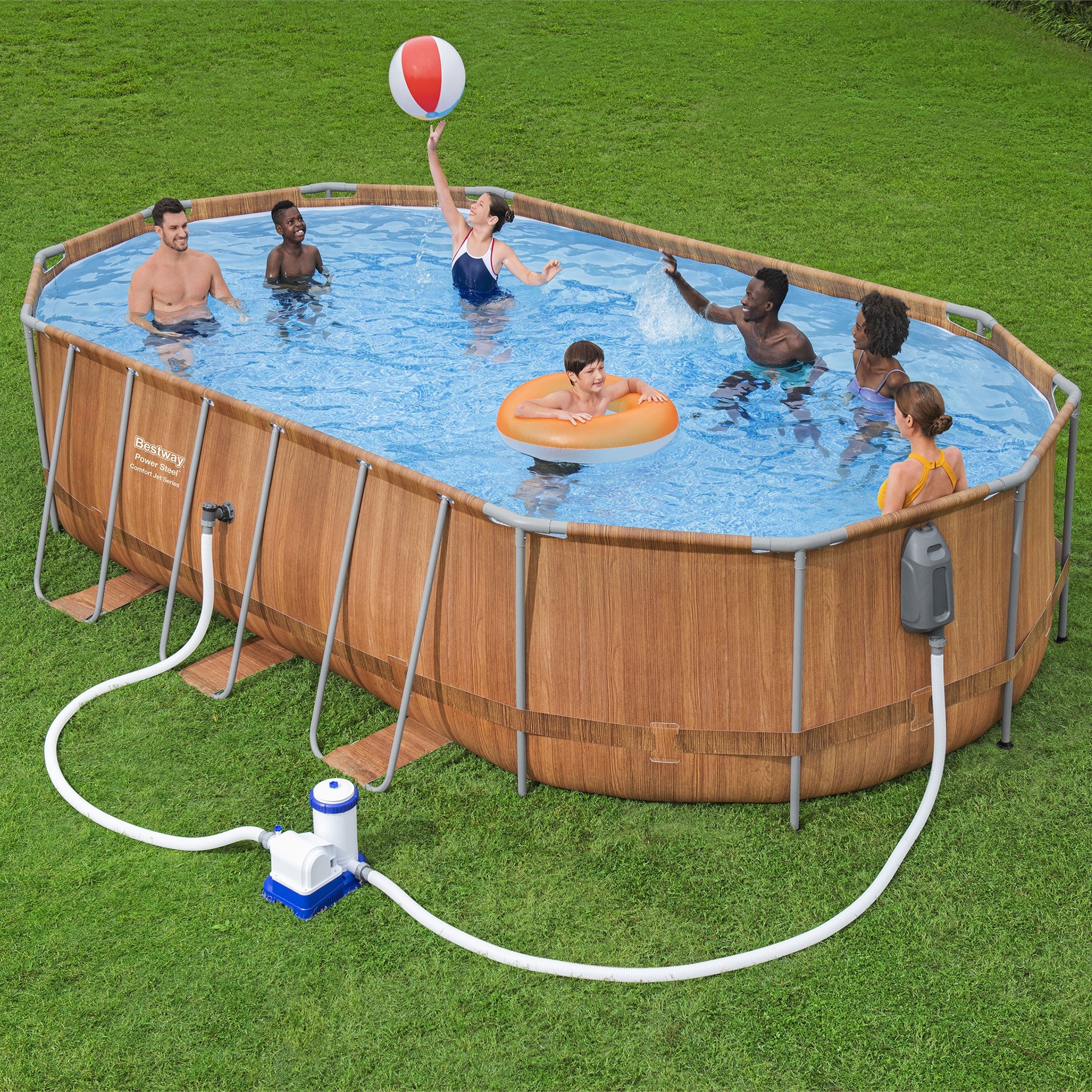 Bestway Power Steel Comfort Jet 20 Foot x 48 Inch Oval Pool, Brown (Open Box) - VMInnovations