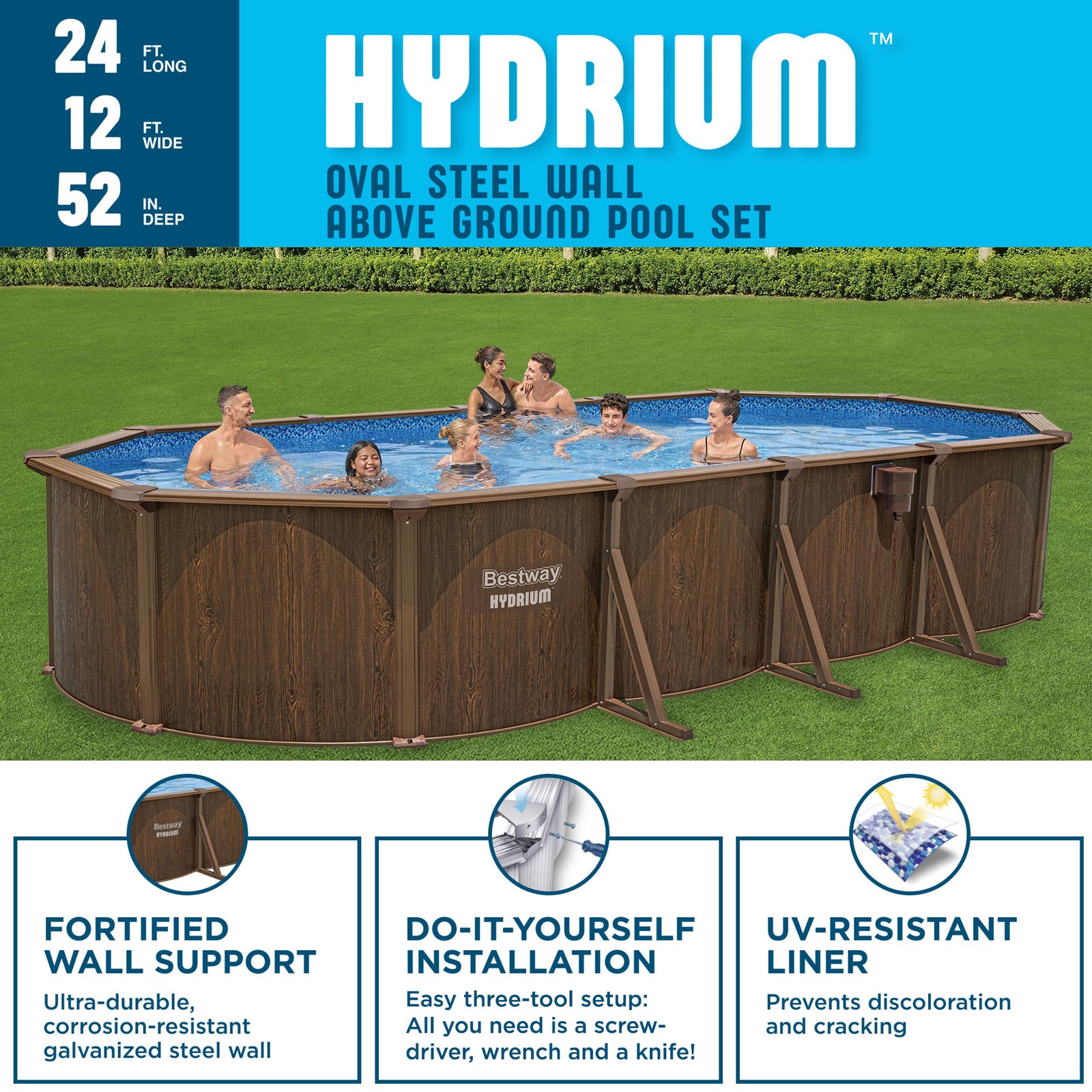 Bestway Hydrium 24'x12'x52" Oval Swimming Pool Set, Brown Woodgrain (Open Box) - VMInnovations