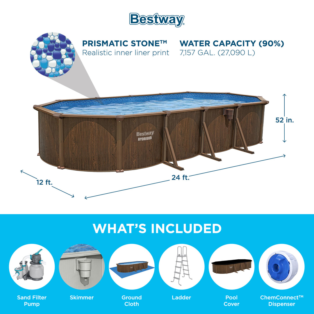 Bestway Hydrium 24'x12'x52" Oval Swimming Pool Set, Brown Woodgrain (Open Box) - VMInnovations