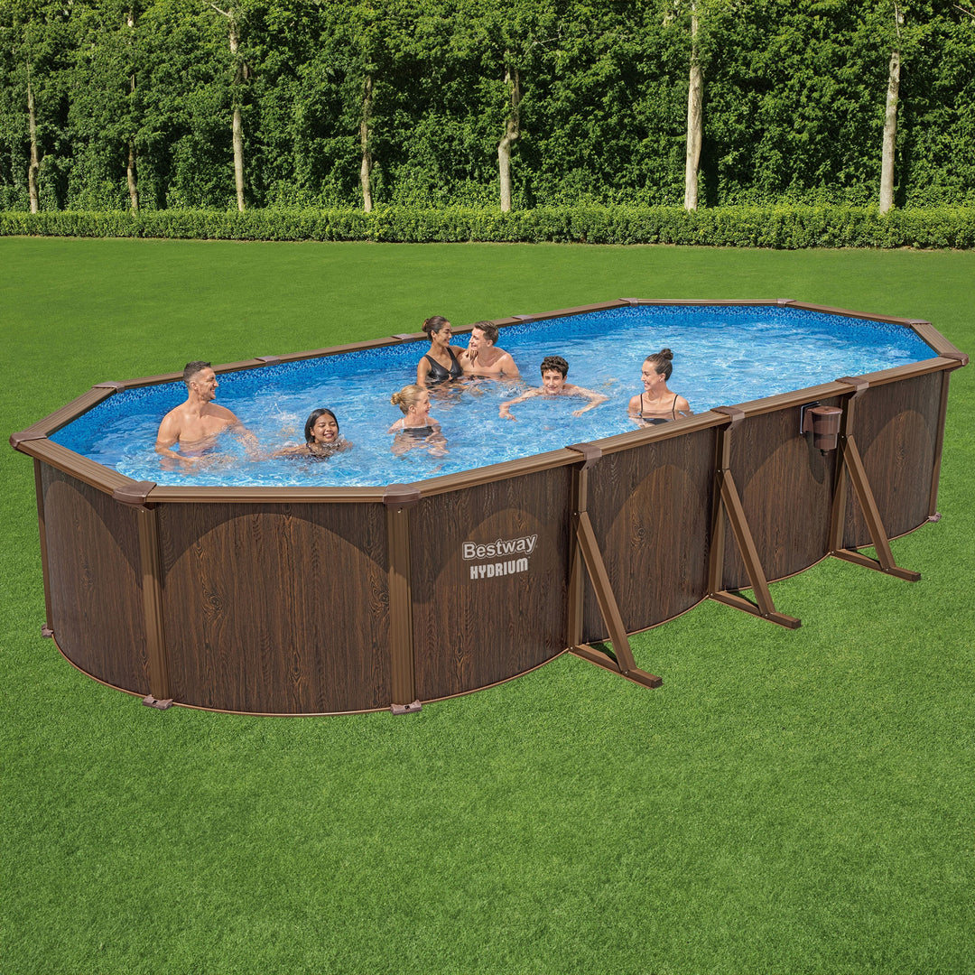 Bestway Hydrium 24'x12'x52" Oval Swimming Pool Set, Brown Woodgrain (Open Box) - VMInnovations