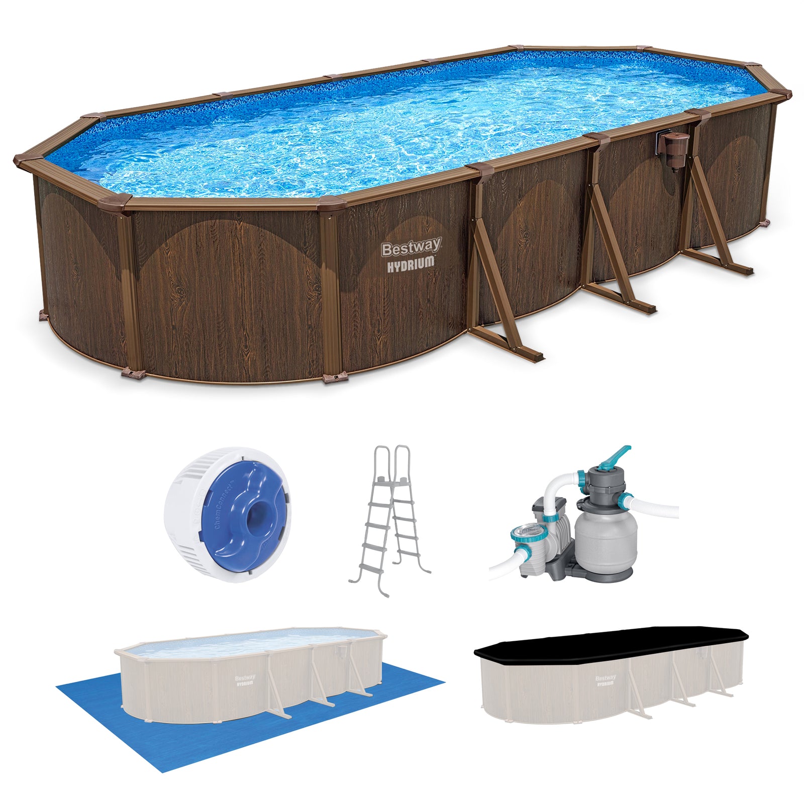 Bestway Hydrium 24'x12'x52" Oval Swimming Pool Set, Brown Woodgrain (Open Box) - VMInnovations