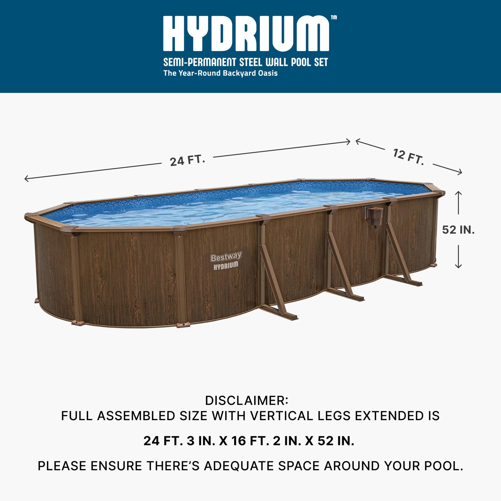 Bestway Hydrium 24'x12'x52" Oval Above Ground Swimming Pool Set, Brown Woodgrain - VMInnovations