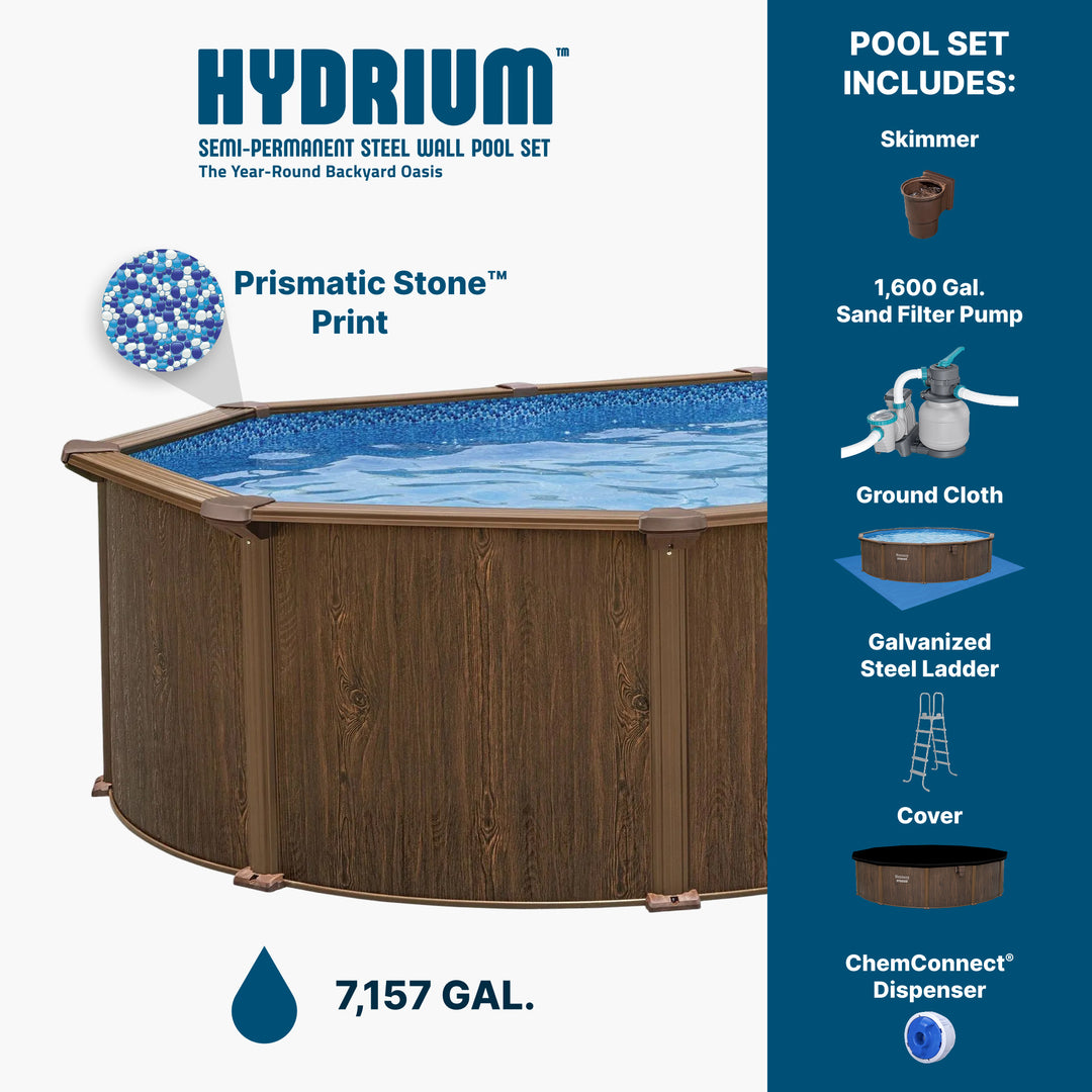Bestway Hydrium 24'x12'x52" Oval Above Ground Swimming Pool Set, Brown Woodgrain - VMInnovations