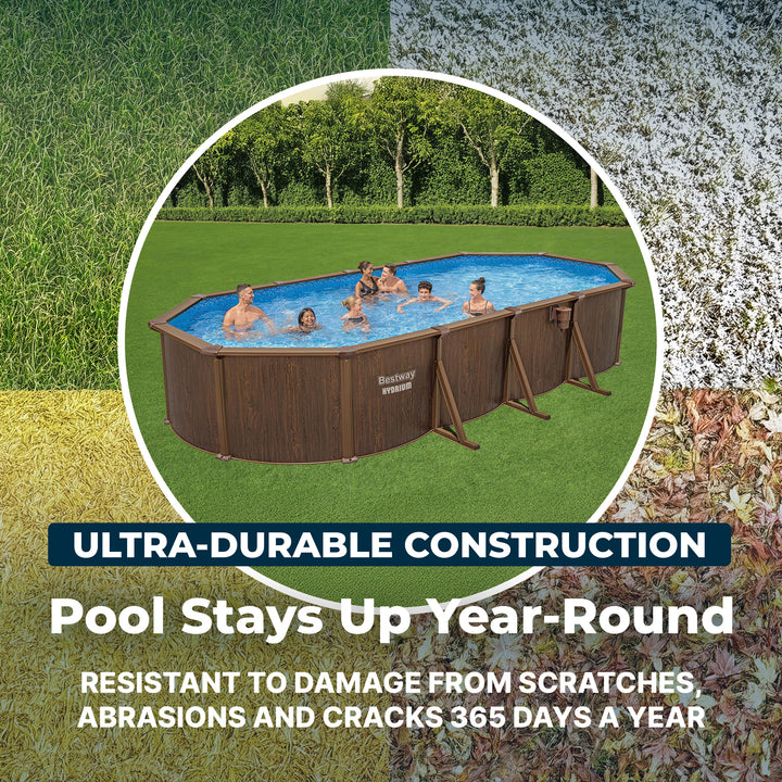 Bestway Hydrium 24'x12'x52" Oval Above Ground Swimming Pool Set, Brown Woodgrain - VMInnovations