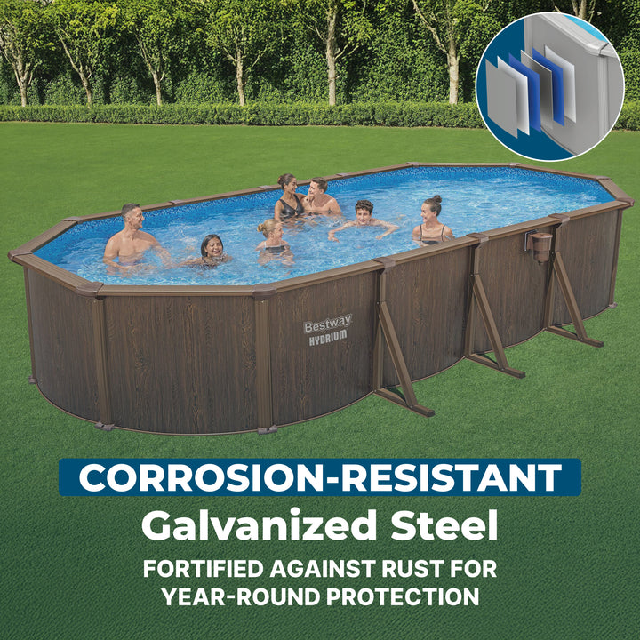 Bestway Hydrium 24'x12'x52" Oval Above Ground Swimming Pool Set, Brown Woodgrain - VMInnovations
