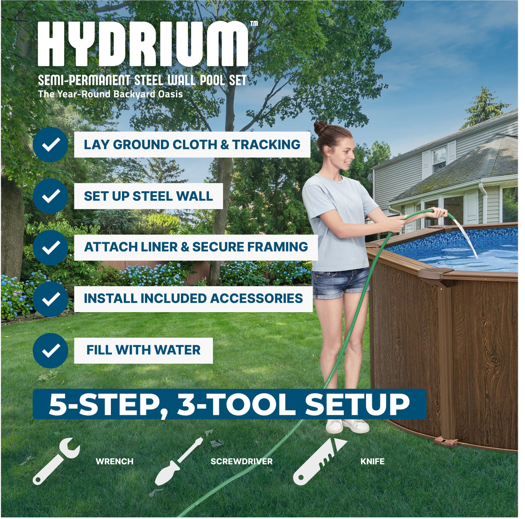 Bestway Hydrium 24'x12'x52" Oval Above Ground Swimming Pool Set, Brown Woodgrain - VMInnovations