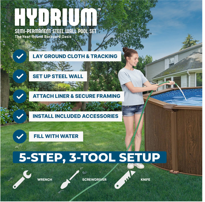 Bestway Hydrium 24'x12'x52" Oval Above Ground Swimming Pool Set, Brown Woodgrain - VMInnovations