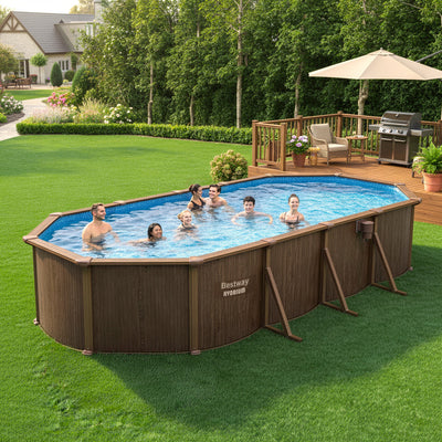 Bestway Hydrium 24'x12'x52" Oval Above Ground Swimming Pool Set, Brown Woodgrain - VMInnovations