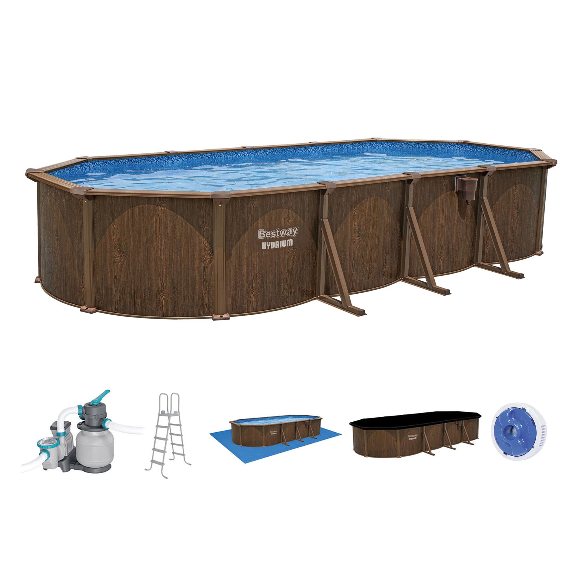 Bestway Hydrium 24'x12'x52" Oval Above Ground Swimming Pool Set, Brown Woodgrain - VMInnovations