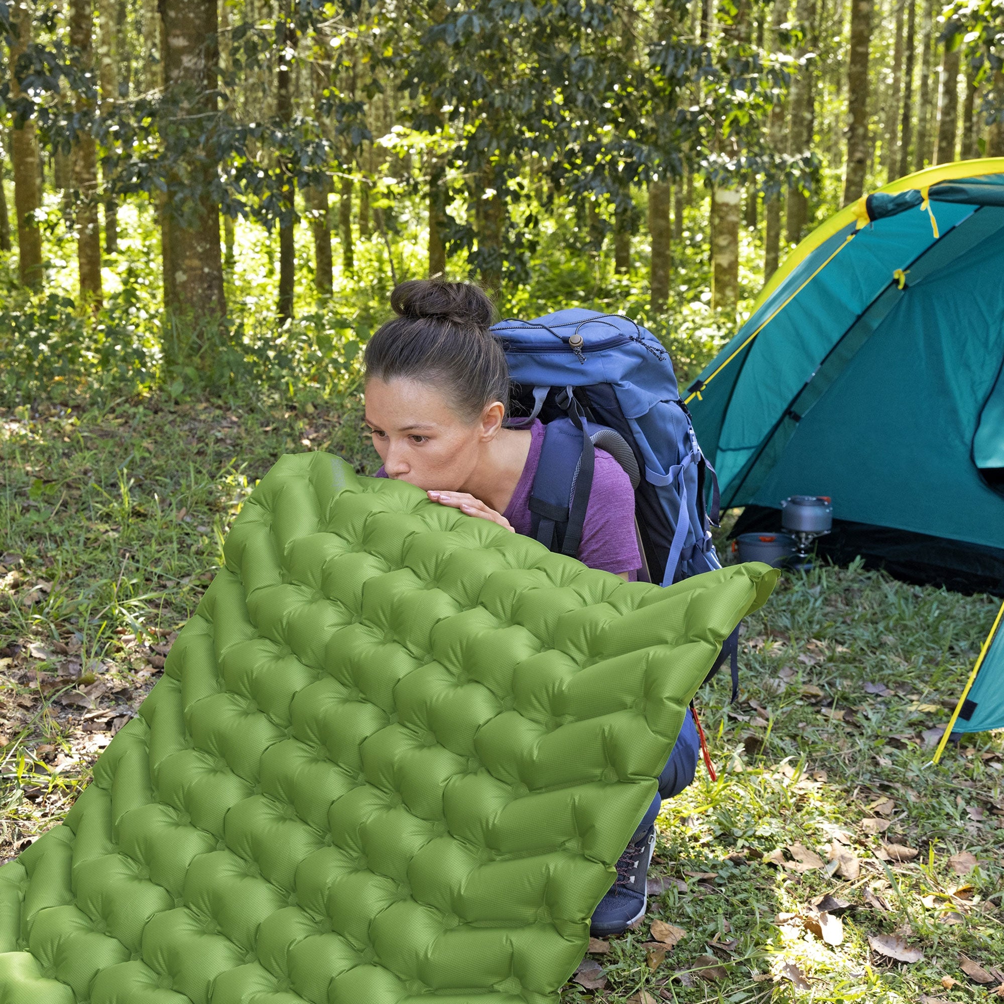 Bestway WanderLite Large Rectangular Sleeping Air Pad with Storage Bag, Green - VMInnovations
