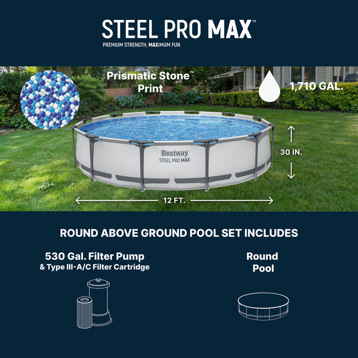 Bestway Steel Pro MAX 12 Foot by 30 Inch Above Ground Swimming Pool Set, Gray - VMInnovations