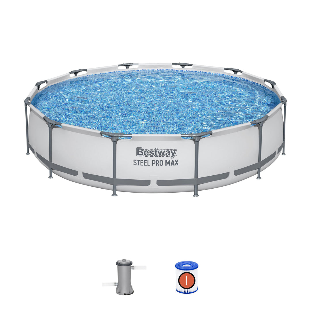 Bestway Steel Pro MAX 12 Foot by 30 Inch Above Ground Swimming Pool Set, Gray