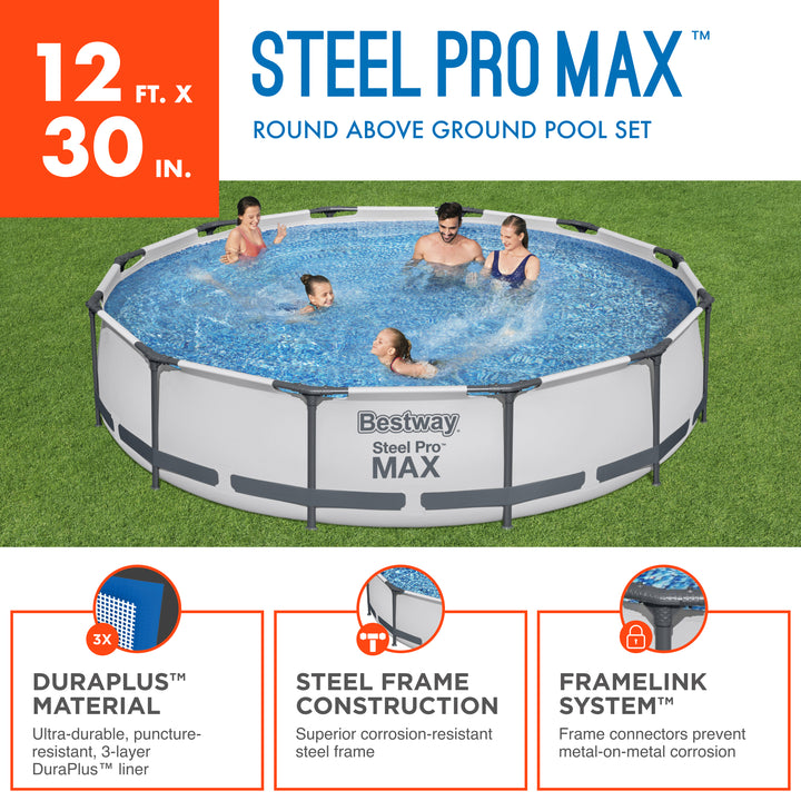 Bestway Steel Pro MAX 12ft by 30 Inch Above Ground Swimming Pool,Gray(For Parts)