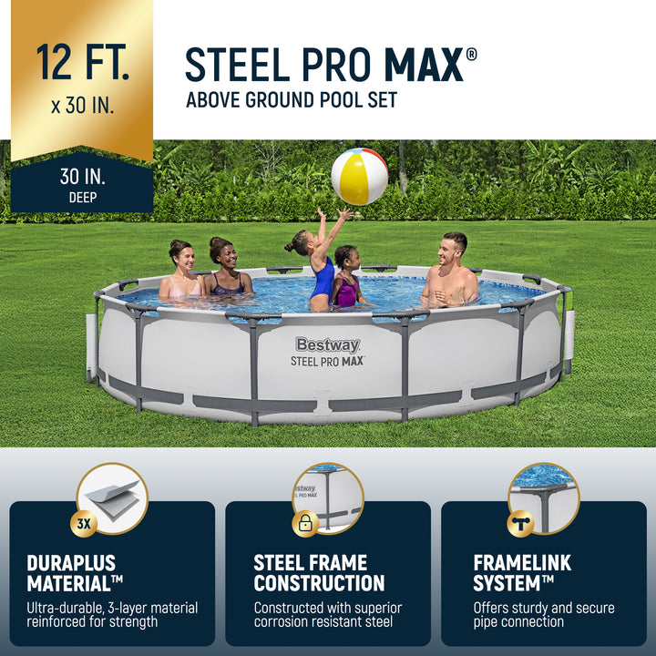 Bestway Steel Pro MAX 12 Foot by 30 Inch Above Ground Swimming Pool Set, Gray