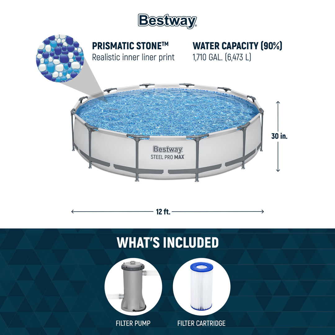 Bestway Steel Pro MAX 12 Foot by 30 Inch Above Ground Swimming Pool Set, Gray
