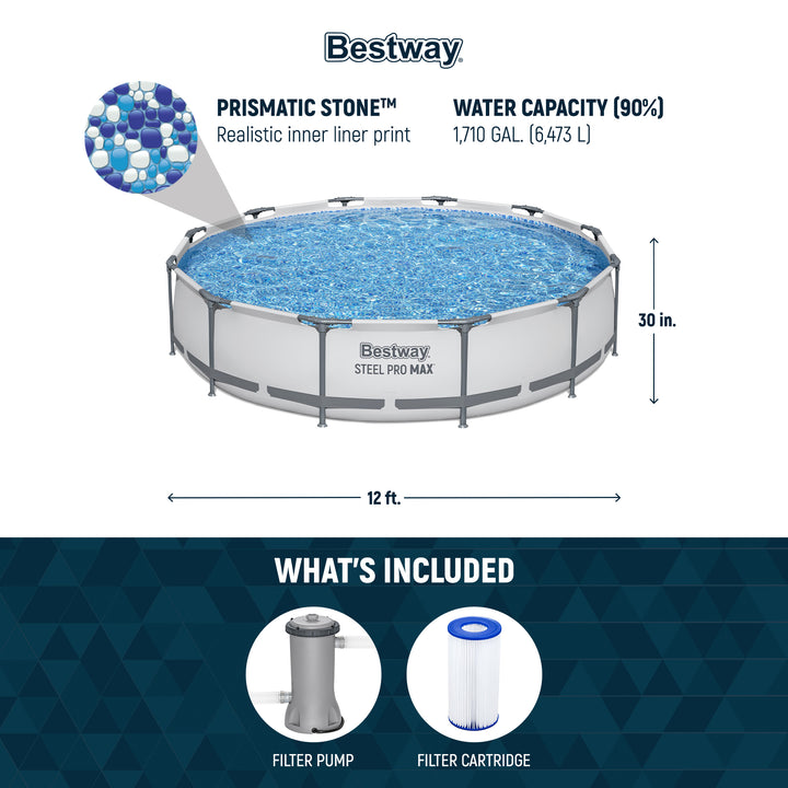 Bestway Steel Pro MAX 12 Foot by 30 Inch Above Ground Swimming Pool Set, Gray